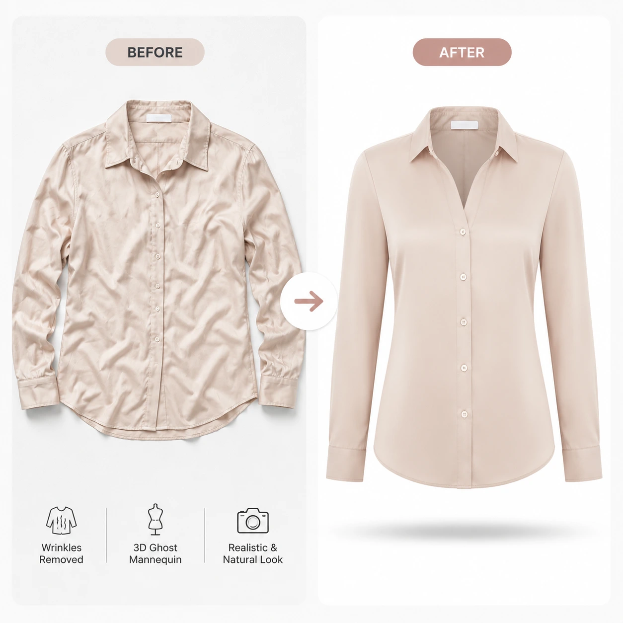 Female top showing natural drape and hollow-body structure using AI Ghost Mannequin